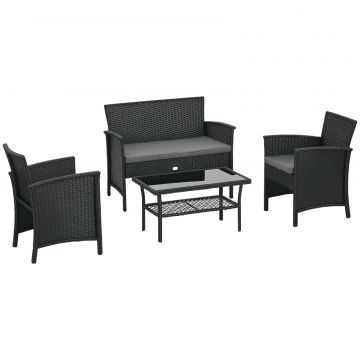 Set Exterior Rattan PE cu Canapea, 2 Fotolii cu Perne si Masuta din Sticla, Negru si Gri