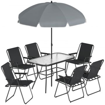 Set Gradina 8 piese cu Umbrela, 6 Scaune Pliabile si Masa din Sticla Temperata, Negru
