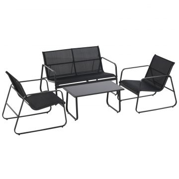 Set Masa Banca si 2 Scaune de Gradina din Metal si Textilen Neagra