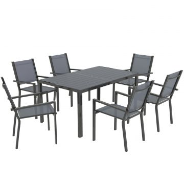 Set Masa de Gradina cu Scaune, 7 Piese, Set de Pranz cu Masa cu Blat din Lemn Compozit cu sipci si 6 Scaune de Exterior Stivuibile, Mobilier din Otel