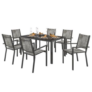 Set Masa de Gradina cu Scaune, 7 Piese, Set de Pranz cu Masa cu Blat din Lemn Compozit cu sipci si 6 Scaune de Exterior Stivuibile, Mobilier din Otel