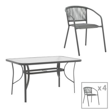 Set masă de sufragerie cu 4 scaune Ensure-Lindaria, Metal/ Sticlă, Gri antracit, 120x70x70 cm