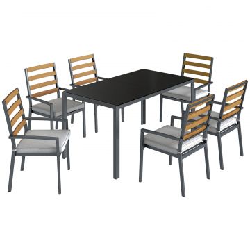 Set Masa si Scaune de Gradina 7 Piese, Set pentru Pranz in Aer Liber cu Masa Dreptunghiulara din Sticla Securizata, 6 Scaune, Perne, Cadru din Otel