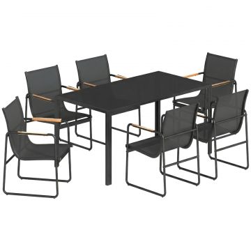 Set Masa si Scaune de Gradina 7 Piese, Set Pranz Exterior cu Masa din Sticla Temperata, 6 Scaune din Texteline Respirabil, Cotiere Decorative,