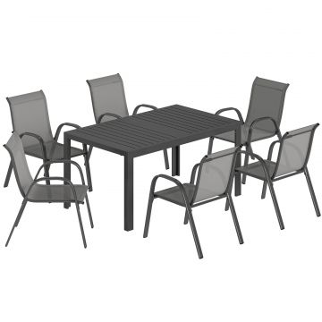 Set Masa si Scaune de Gradina 7 Piese, Set Pranz Exterior cu Masa Dreptunghiulara, 6 Scaune Stivuibile din Textilena, Set Mobilier de Gradina pentru