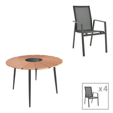 Set masa si scaune Pinap-Dashiell, 5 piese, Negru-Natural, 110x110x74 cm