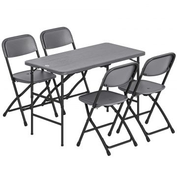 Set Masa si Scaune Pliabile de Gradina, 5 Piese, Masa Reglabila cu Blat HDPE Efect Lemn si 4 Scaune, Set Mobilier Exterior pentru Terasa si Balcon,