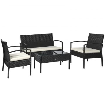 Set Mobila in PE Rattan de Extern cu Masa, 2 Fotolii si Canapea cu Perne, Negru