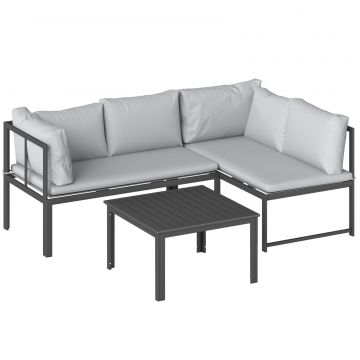 Set Mobilier de Gradina 3 Piese cu Coltar 4 Locuri si Masuta, Metal si Poliester Gri