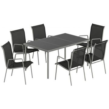 Set mobilier de gradina , 7 piese, cu 6 scaune stivuibile din Textilena si masa cu blat din sticla, Negru si Argintiu