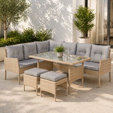 Set mobilier de gradina Berno coltar cu perne, 2 tabureti si masa, cadru otel si ratan sintetic, blat sticla securizata, bej