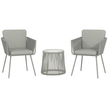 Set Mobilier de Gradina cu 2 Scaune si Masuta de Cafea cu Blat din Sticla, O49x47 cm, Gri