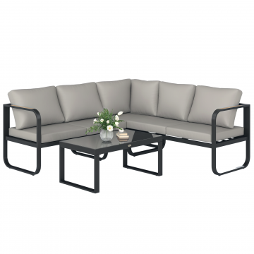 Set Mobilier de Gradina cu Canapea cu 3 Locuri, Canapea cu 2 Locuri si Masuta de Cafea, 180x60x64 cm, Gri