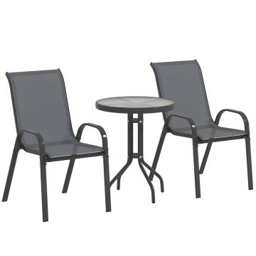 Set Mobilier de Gradina din 3 Piese cu Scaune Suprapozabile si Masa din Sticla, 54x71x93 cm, Gri inchis