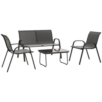 Set Mobilier de Gradina din 4 Piese cu Canapea, 2 Scaune Stivuibile si Masuta de Cafea, 113x66x79 cm, Negru
