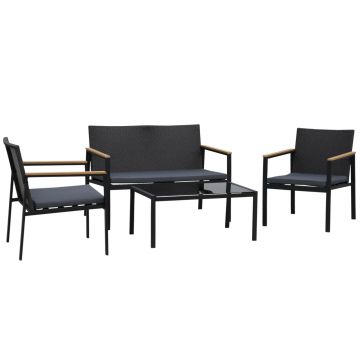 Set Mobilier de Gradina din Ratan din 2 Scaune cu Brate pentru Terasa, Banca si Masa de Cafea, 80x42x37 cm, Negru