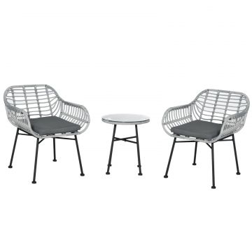 Set Mobilier de Gradina din Ratan PE de 3 Piese, Salon in Aer Liber cu 2 Scaune si Masa cu Blat de Sticla pentru Terasa si Bistro, Gri