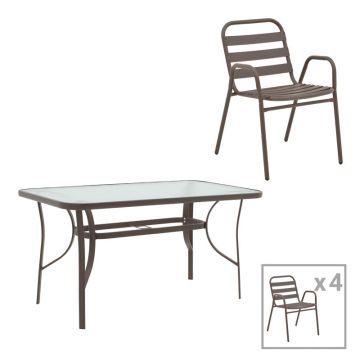 Set mobilier de sufragerie cu masă și scaune, Sussie-Ensure, Metal și sticlă, 120x70x70 cm, Maro