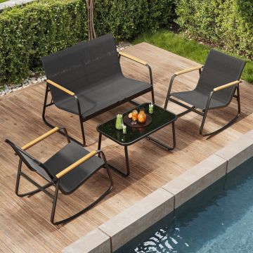 Set mobilier gradina 4 locuri, 2 scaune balansoar, canapea si masa, cadru metalic, negru