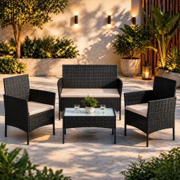 Set mobilier gradina 4 locuri, canapea, 2 scaune si masa cu sticla, ratan PE, negru