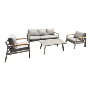 Set mobilier grădină Aeria, aluminiu, bej, tec și țesătură gri, set 4 piese