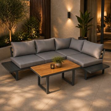 Set mobilier gradina Bogota coltar modular, 2 canapele si masa cu inaltime reglabila, cadru aluminiu, 160x70x79 cm, gri