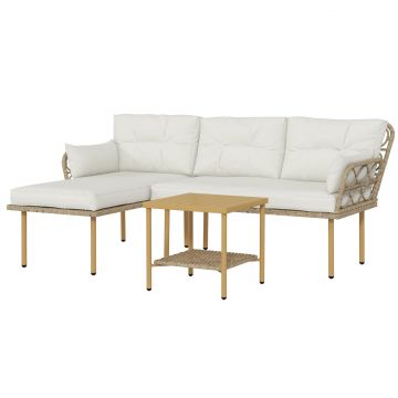 Set mobilier gradina coltar 4 persoane, 3 piese cu masuta si perne confortabile incluse, ratan impletit, crem