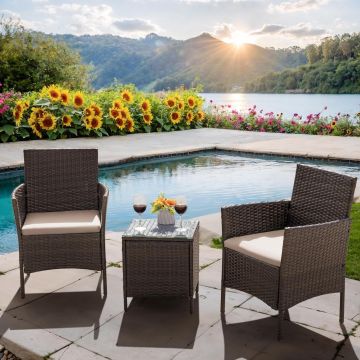 Set mobilier gradina cu 2 locuri, 2 scaune si masa cu sticla, ratan PE, maro