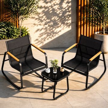 Set mobilier gradina cu 2 scaune balansoar si masa, cadru metalic, negru