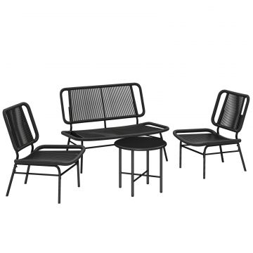 Set Mobilier Gradina Ratan 4 Piese, Canapea pentru Exterior cu Masuta Metalica, Negru