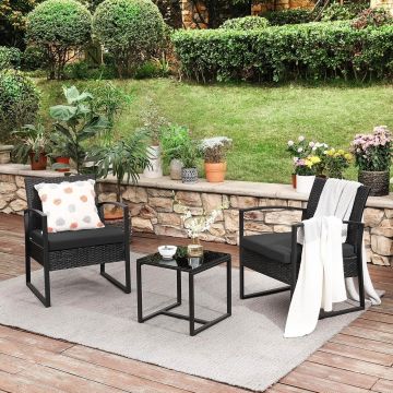 Set mobilier pentru gradina/terasa 3 piese, polietilena/otel/sticla securizata, negru