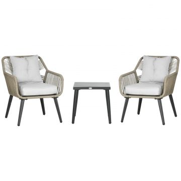 Set Modern din 3 Piese cu Suporturi Ajustabile, Set de Cafea pentru Terasa din impletitura Rotunda, 63x73x78 cm, Gri Deschis