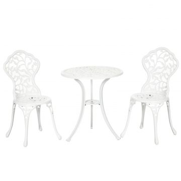 Set pentru gradina 3 bucati din aluminiu alb cu design floral, 2 scaune pentru exterior 45x42x85.5 cm si masa rotunda O61x66.5 cm