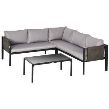Set pentru gradina 4 bucati cu 2 canapele 2 locuri, fotoliu de colt si masuta de cafea din geam securizat, gri si negru