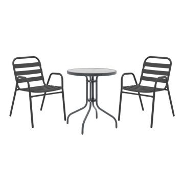 Masa de dining Watson-Sussie set de 3 piese din metal sticlat, antracit, D60x70 cm