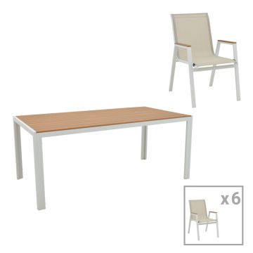 Masa de sufragerie Nares-Azelie B set de 7 alb aluminiu si placaj Natural 180x90x72 cm