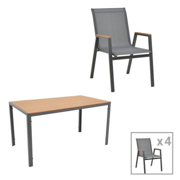 Masa de sufragerie Nares-Azelie C set 5 aluminiu antracit si textilena cu placaj, Natural, 140x80x72 cm