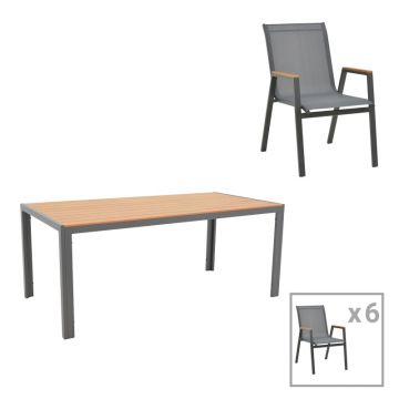 Masa de sufragerie Nares-Azelie set 7 antracit aluminiu si placaj, Natural, 180x90x72 cm