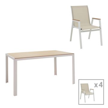 Masa de sufragerie Nares-Azelie Un set de 5 alb aluminiu si placaj, Natural, 140x80x72 cm