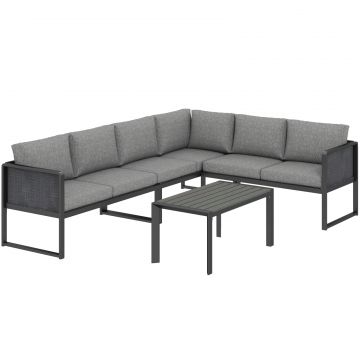 Set canapea coltar de gradina din metal, 3 fotolii, masuta cu efect lemn, gri inchis