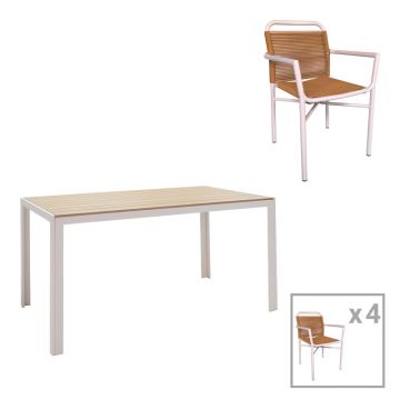 Set de 5 buc masa si scaune de gradina Nares-Clutch aluminiu alb si placaj Natural 140x80x72 cm