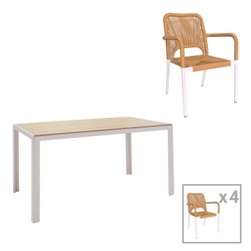 Set de 5 buc masa si scaune de gradina Nares-Norture aluminiu alb si placaj, Natural, 140x80x72 cm