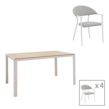 Set de 5 buc masa si scaune de gradina Nares-Pino A aluminiu alb si placaj, Natural, 140x80x72 cm
