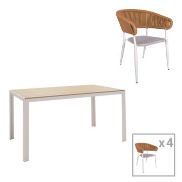 Set de 5 buc masa si scaune de gradina Nares-Raven aluminiu alb si placaj Natural 140x80x72 cm