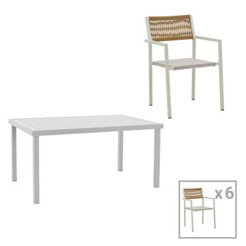 Set de 7 buc masa si scaune de gradina Kliton Savor aluminiu, alb, 150x80x74 cm