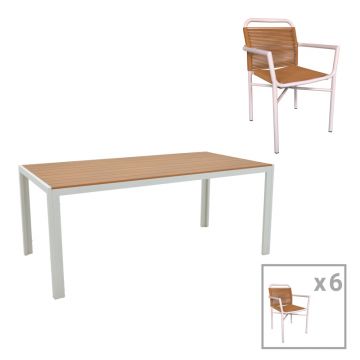 Set de 7 buc masa si scaune de gradina Nares-Clutch B aluminiu alb si placaj Natural 180x90x72 cm