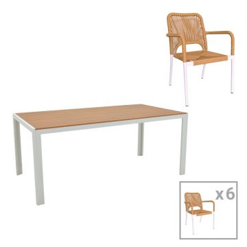 Set de 7 buc masa si scaune de gradina Nares-Norture B aluminiu alb si placaj, Natural, 180x90x72 cm