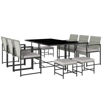 Set de dining pentru patio 11 piese, mobilier exterior cu 6 fotolii, 4 pouf, gri