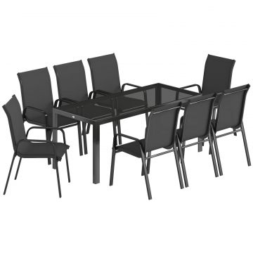 Set de Exterior 9 Piese cu 8 Scaune Suprapozabile din Textilene si Masuta de Cafea cu Blat din Sticla, Negru