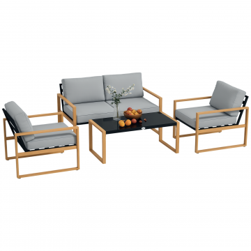 Set de Gradina 4 Piese cu 2 Fotolii, Divan si Masuta, din Aluminiu si Fibra, Gri si Culoare Lemn